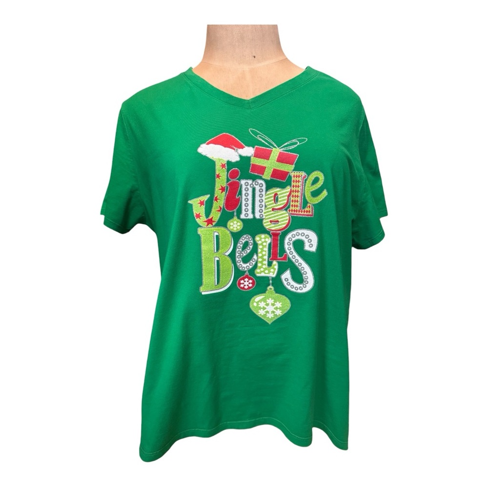 Plus Size Holiday Theme Short Sleeved T-Shirt | Green w/ sparkle  | 3x | EUC